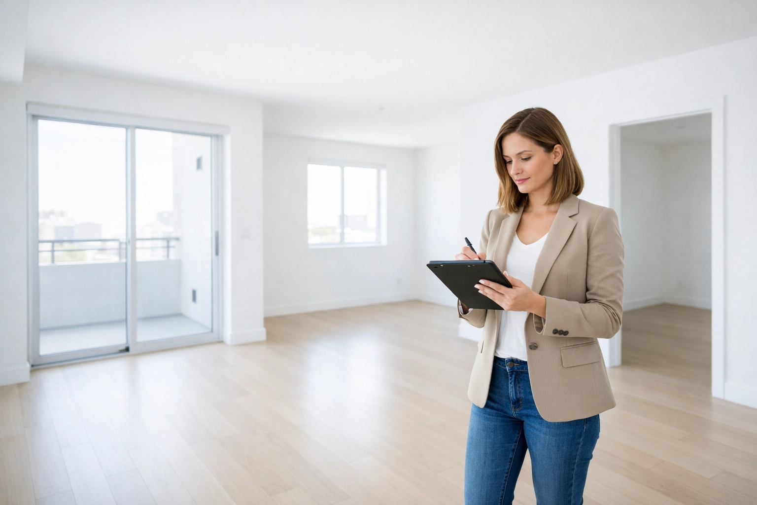 Property manager conducting pre-move-out inspection with tablet in vacant apartment unit