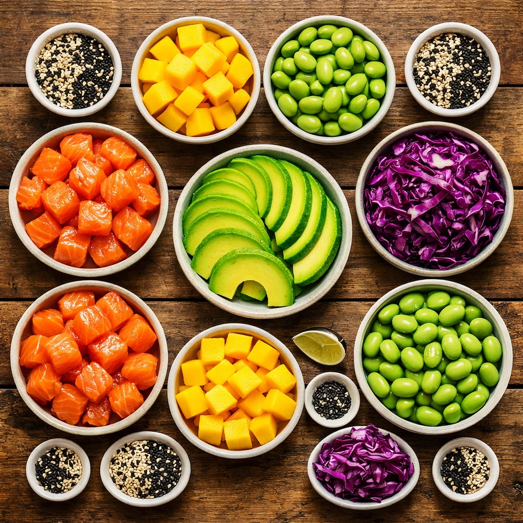 Sélection d'ingrédients frais et colorés pour composer son poke bowl personnalisé chez Oh My Bowl.