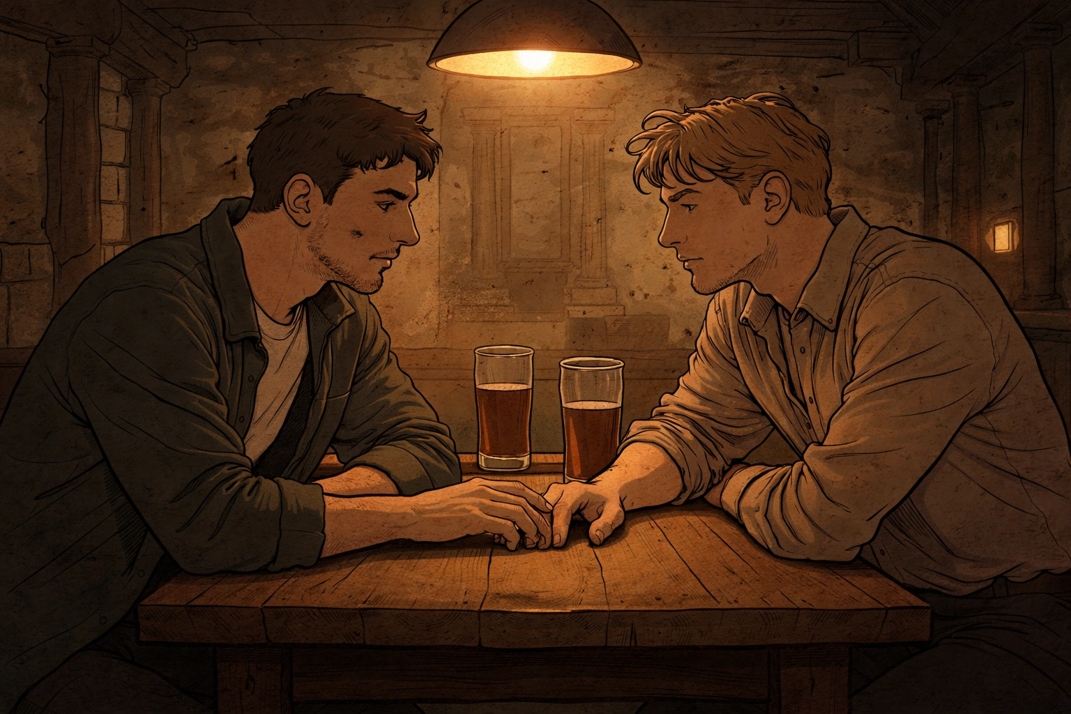 Two men share a tense, intimate moment at a rustic village pub table, highlighting hidden identity and longing.