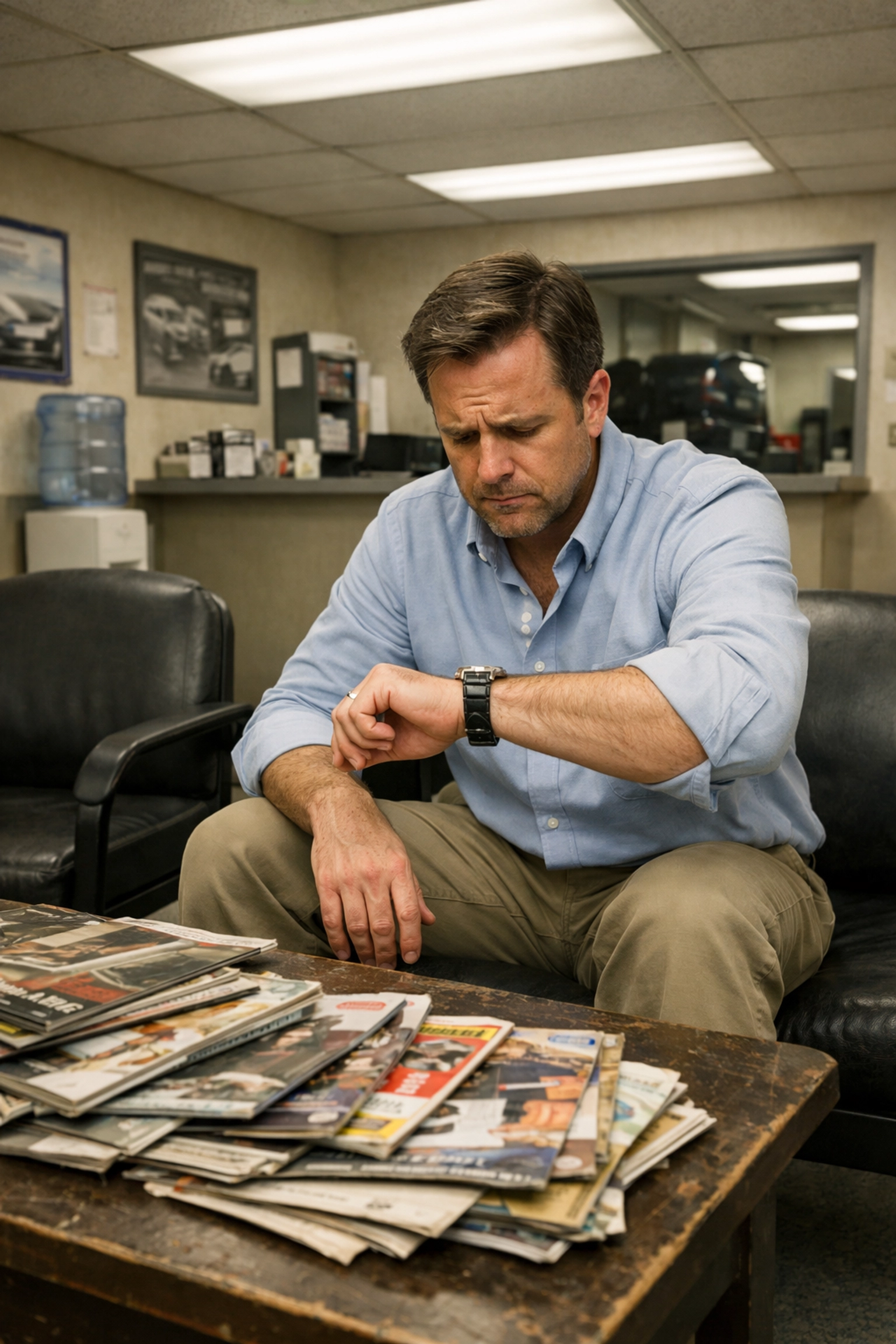 Frustrated driver waiting in traditional auto shop, wasting time during oil change appointment