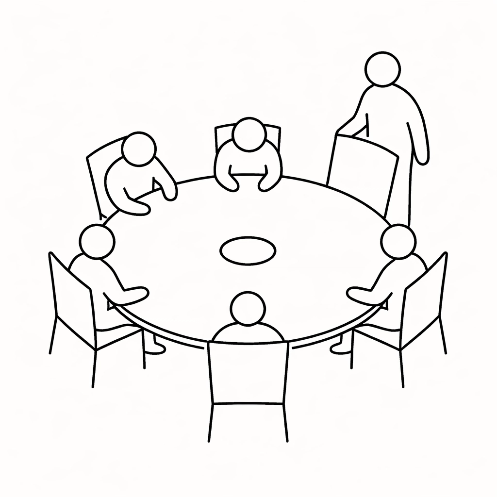 Round table with chairs representing healthy leadership teams, servant leadership, and psychological safety in EOS.