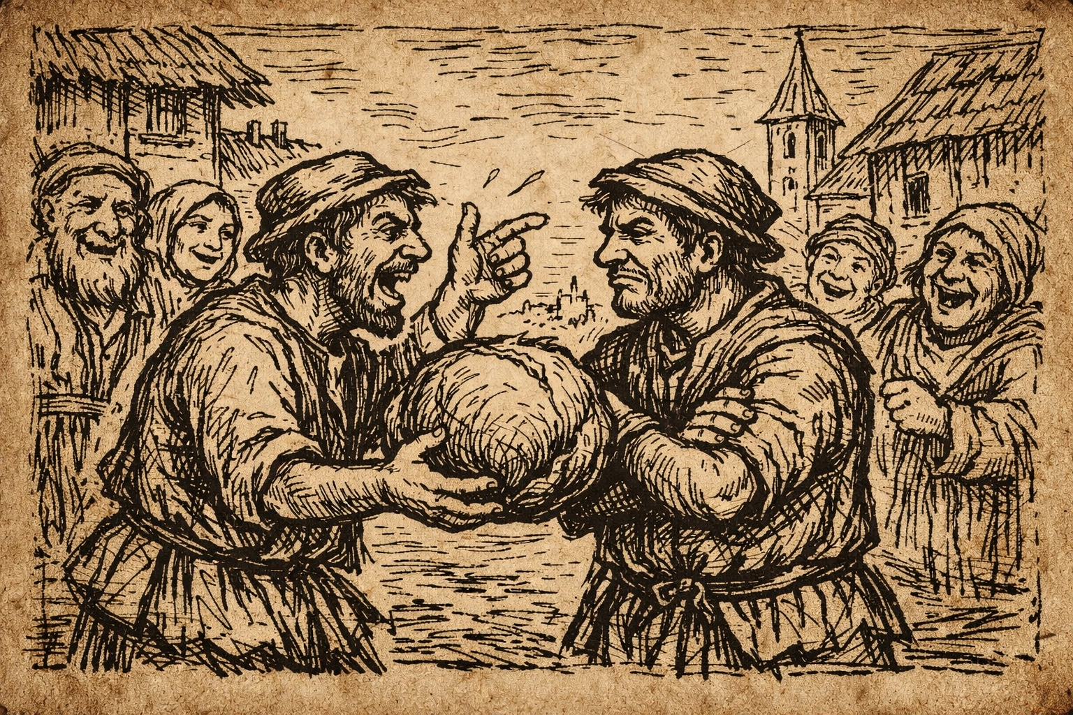 [Image 1] Men arguing over a round cabbage