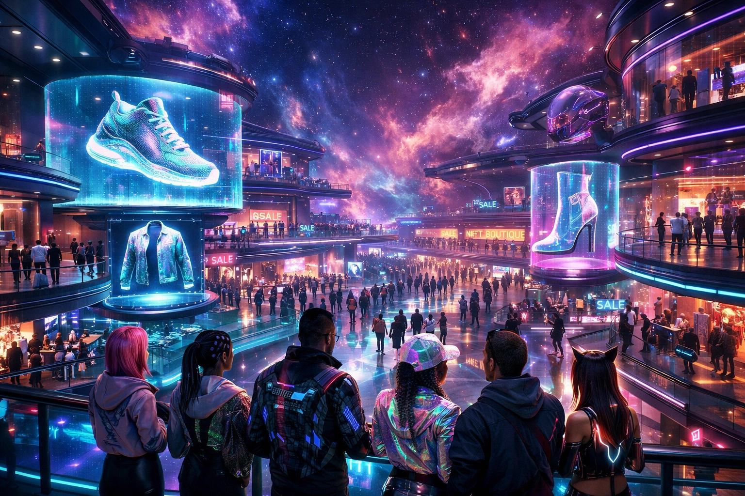 Avatars exploring a futuristic metaverse social shopping hub with holographic product displays.