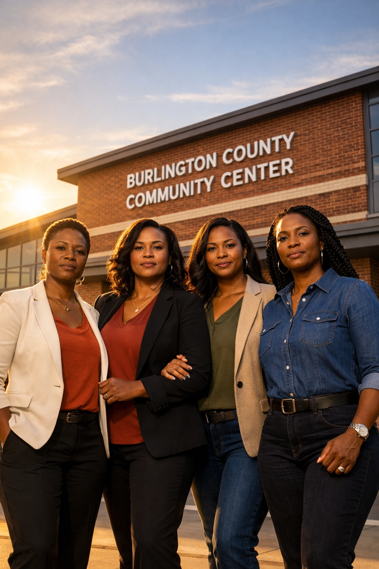 Black women leaders standing together outside a Burlington County community center for Family ReBuild.
