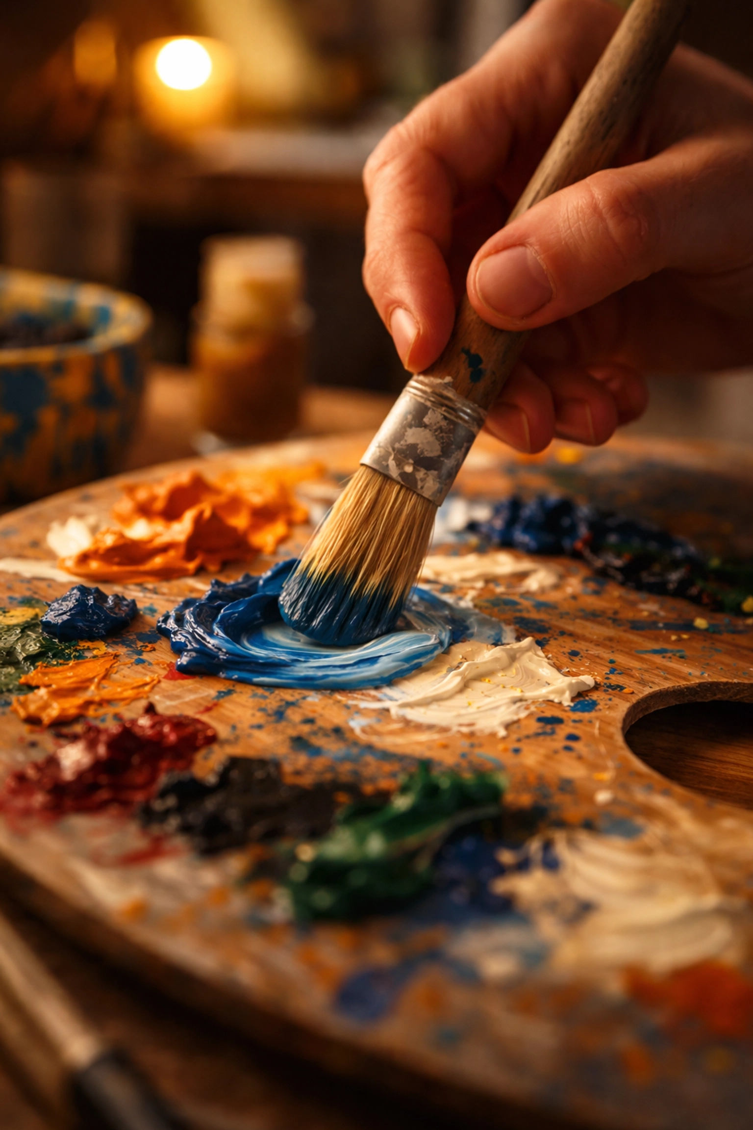 Close-up of hands dipping a brush into paint, highlighting sensory analog art as a tool for nervous system recovery