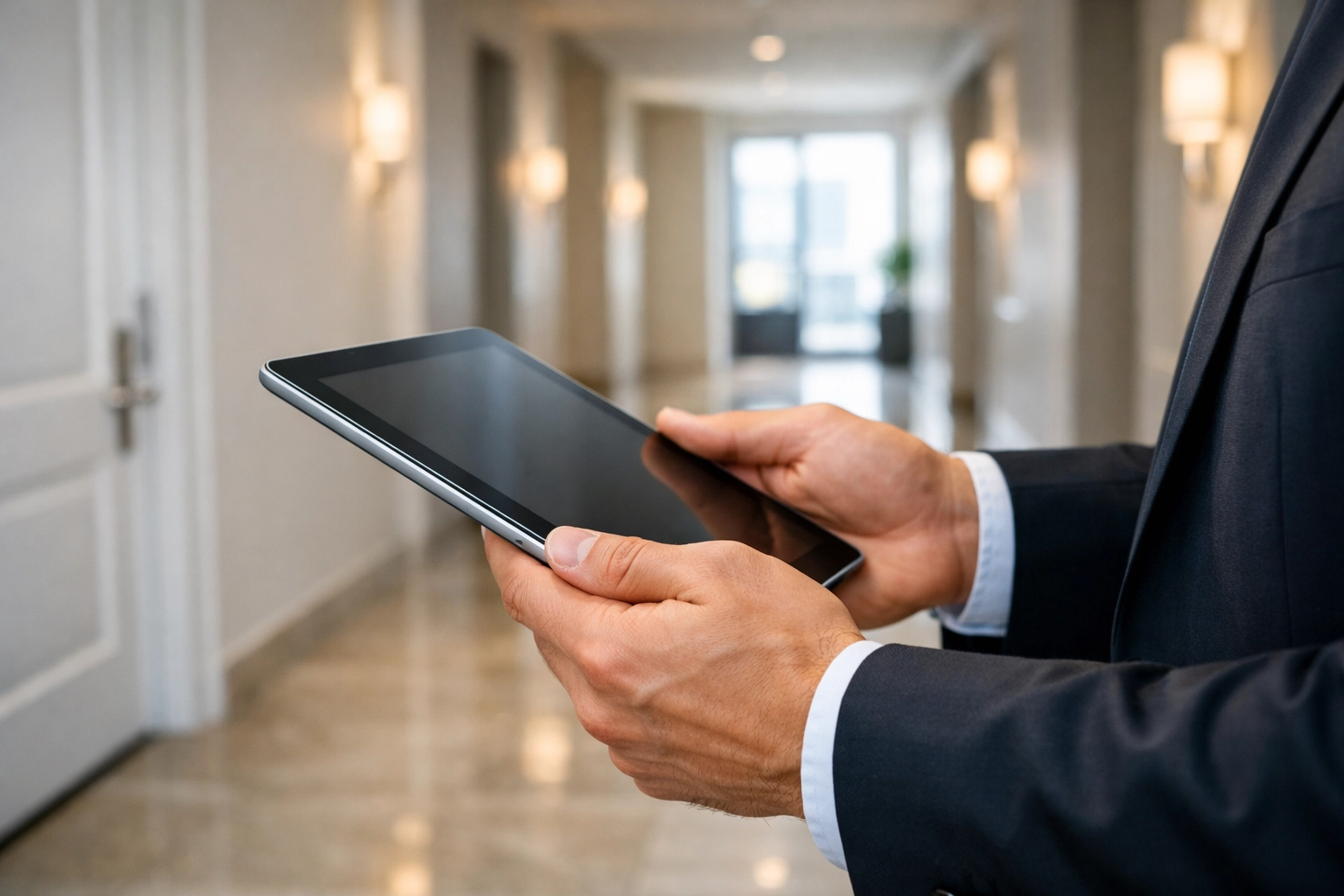 A property manager uses a digital checklist for move-out cleaning in a modern Chicago apartment.