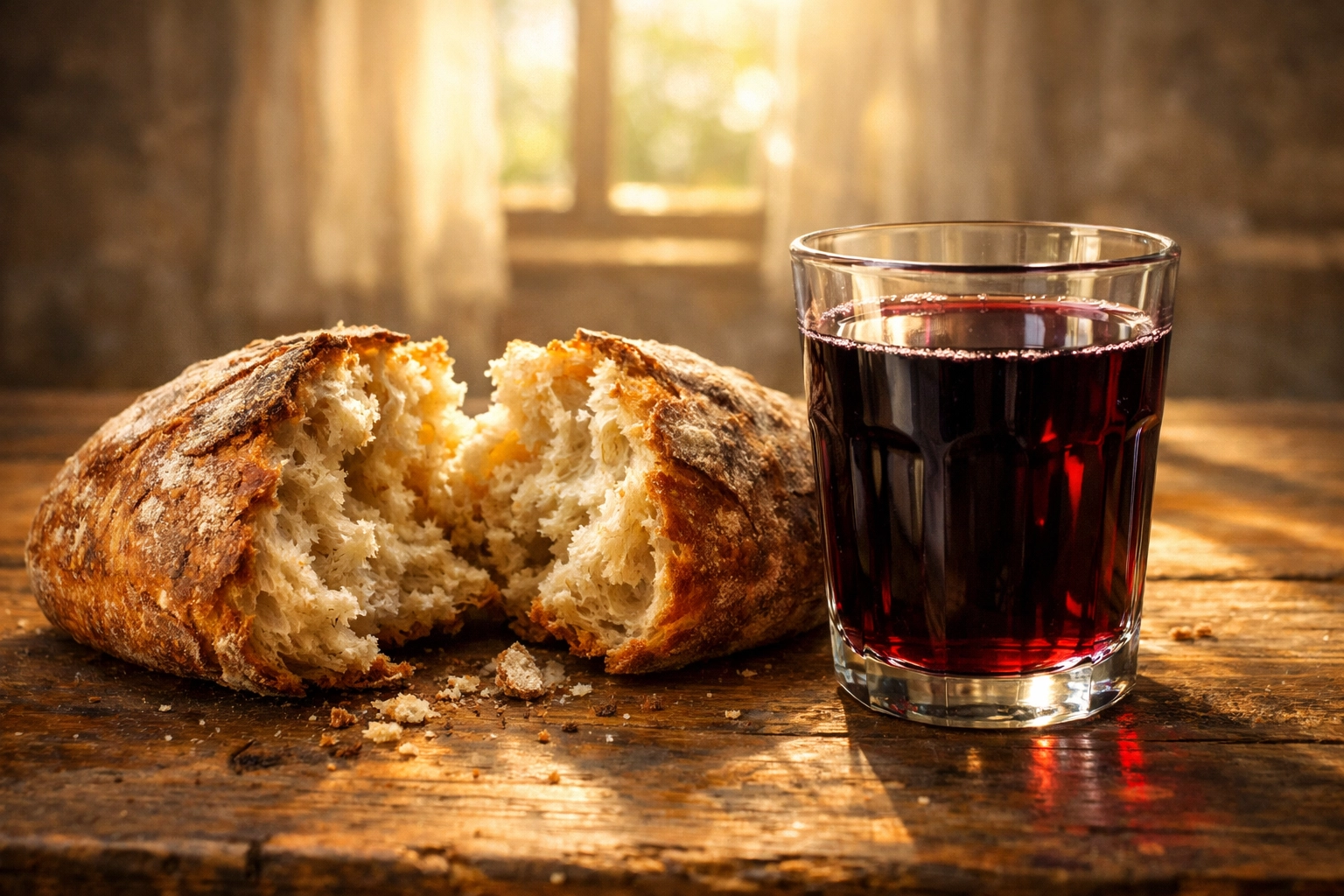 Bread and grape juice on a wooden table, symbolizing communion and the Lord’s Supper at home