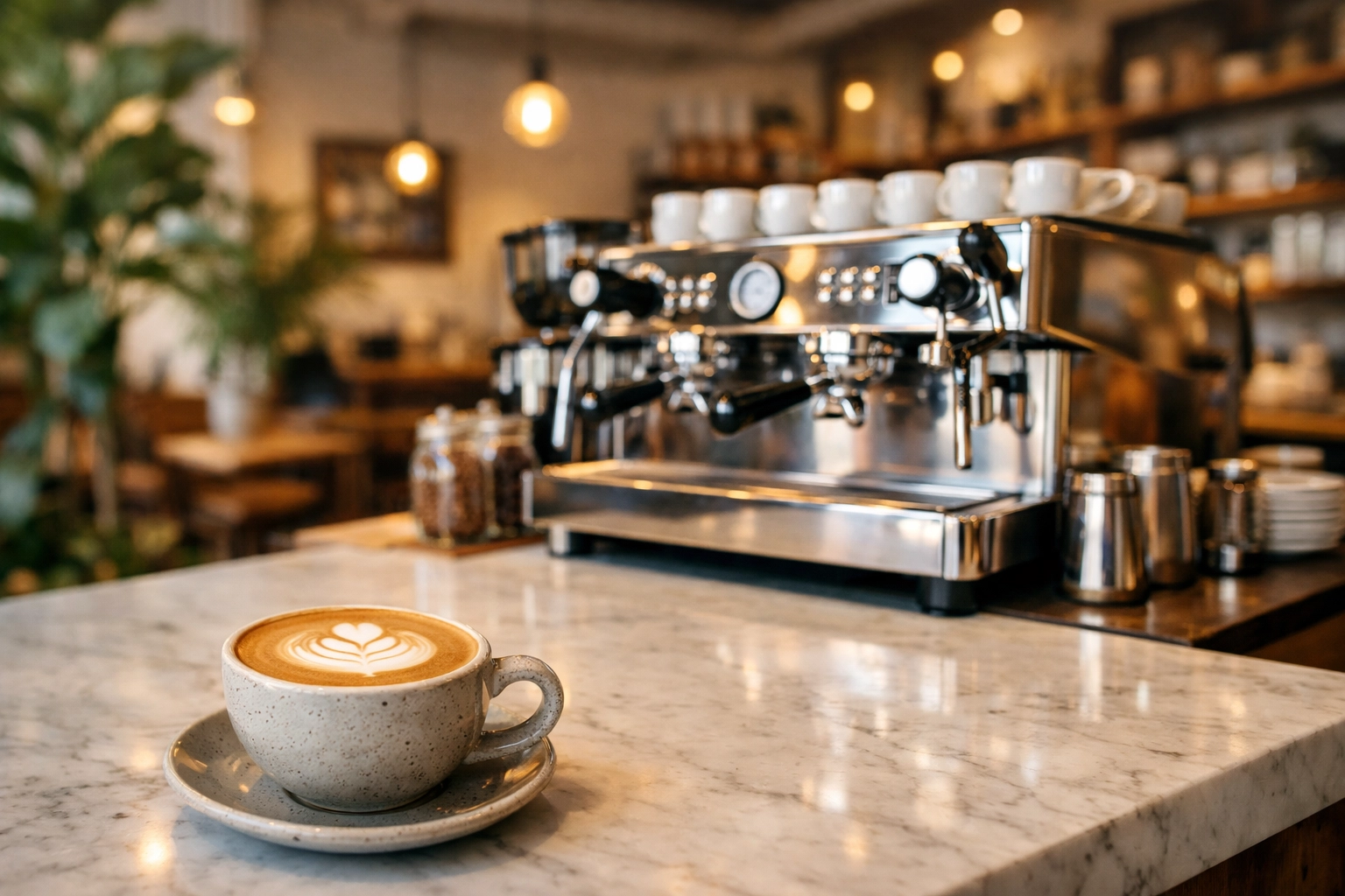 Commercial espresso machine and freshly poured latte on a marble counter in a modern specialty cafe.