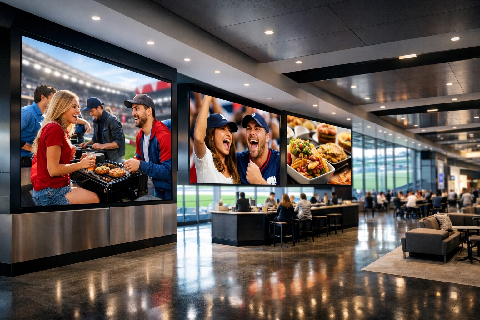 Modern sports stadium concourse with large digital media displays showcasing Dakdan Worldwide media innovation.
