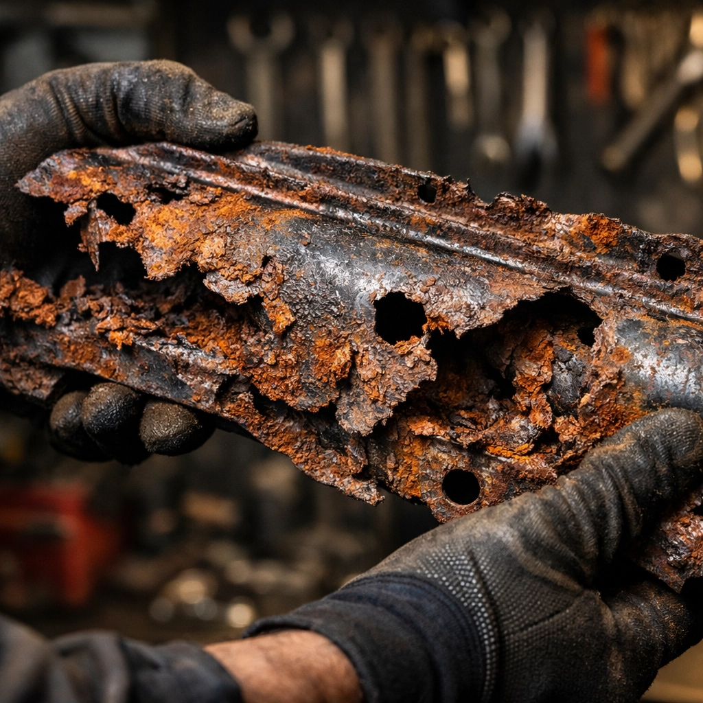 Severe chassis rust damage showing expensive structural corrosion on car components