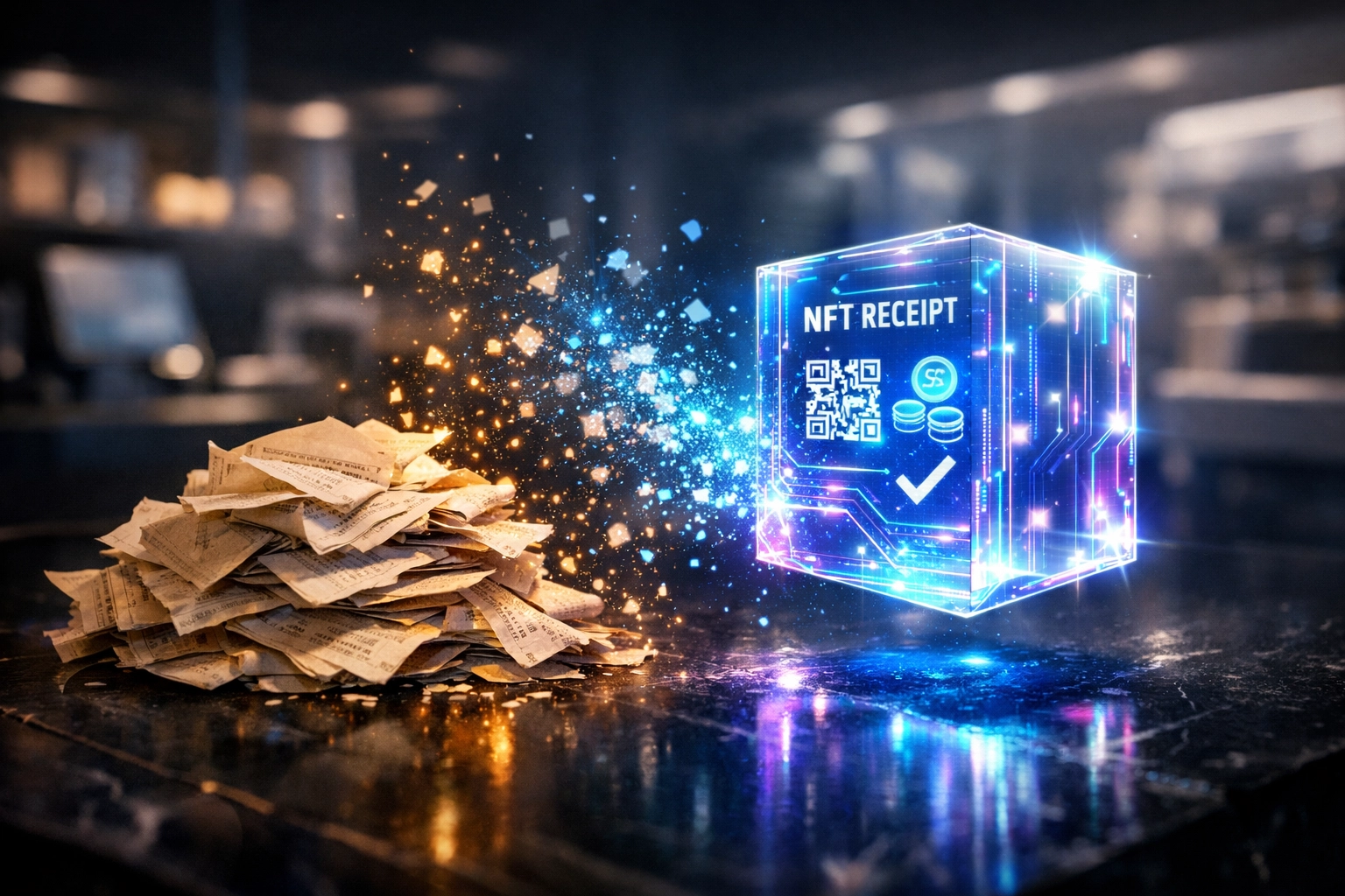 Digital NFT receipt replacing paper records for secure blockchain merchant transactions.