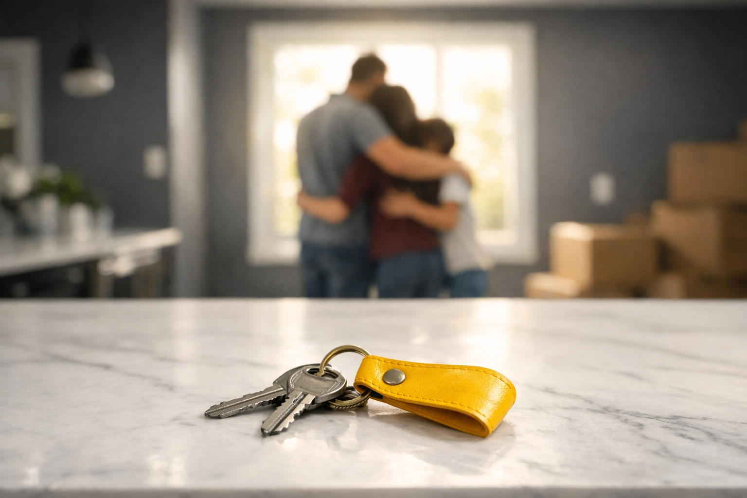 Real estate keys with a family in the background, representing building buyer relationships.