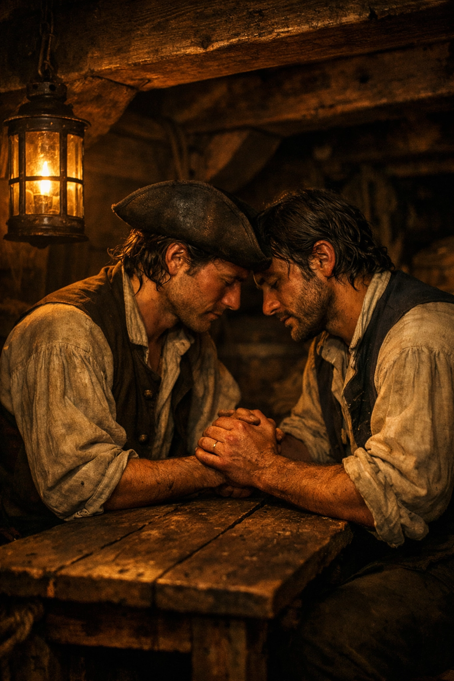 Historical male sailors sharing an intimate moment below deck, reflecting queer life in the Royal Navy.
