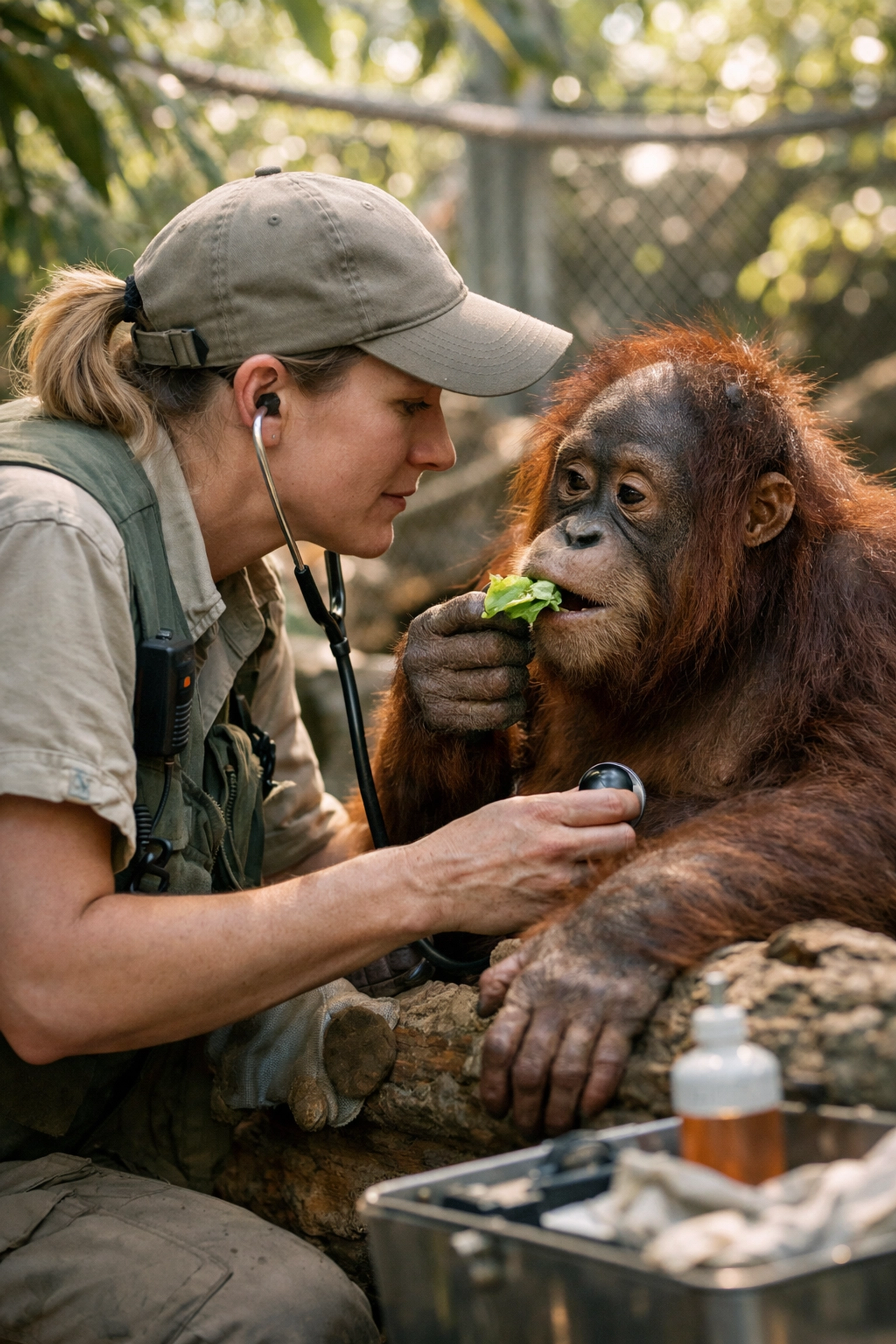 Zoo keeper caring for endangered species in habitat during conservation work