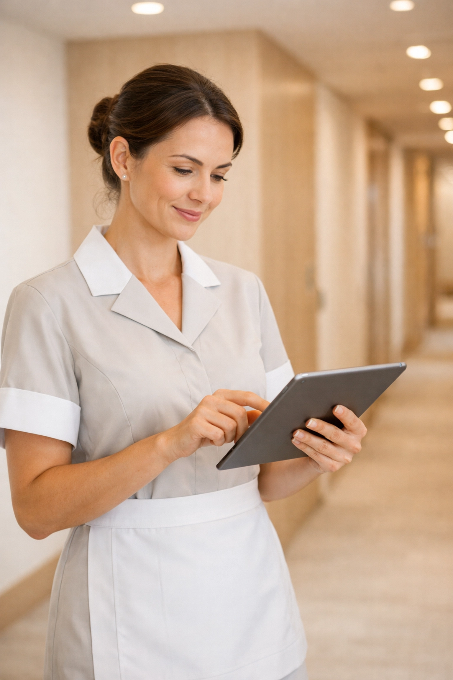 Hotel housekeeping staff using a tablet to manage room turnover and real-time operations data.