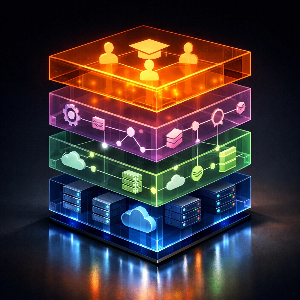 ServiceNow implementation components layered structure showing licensing, services, and training