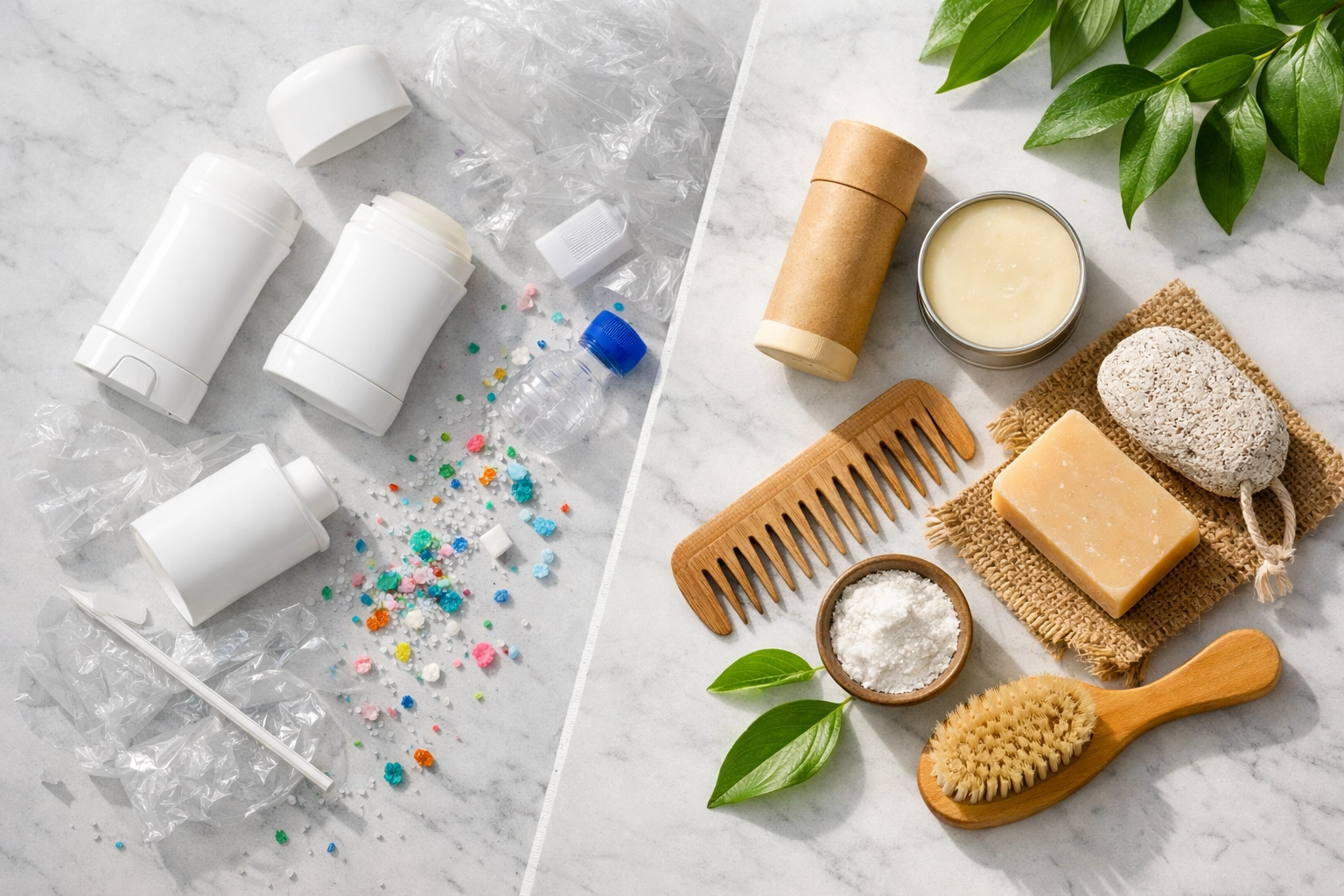 Plastic deodorant waste compared to natural eco-friendly sustainable materials
