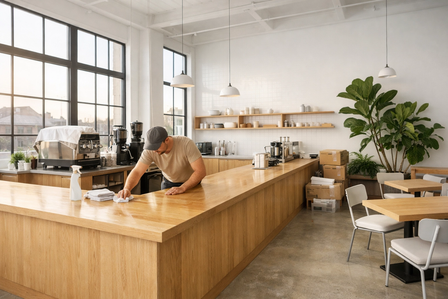Modern coffee shop interior during setup with oak counters and natural light.