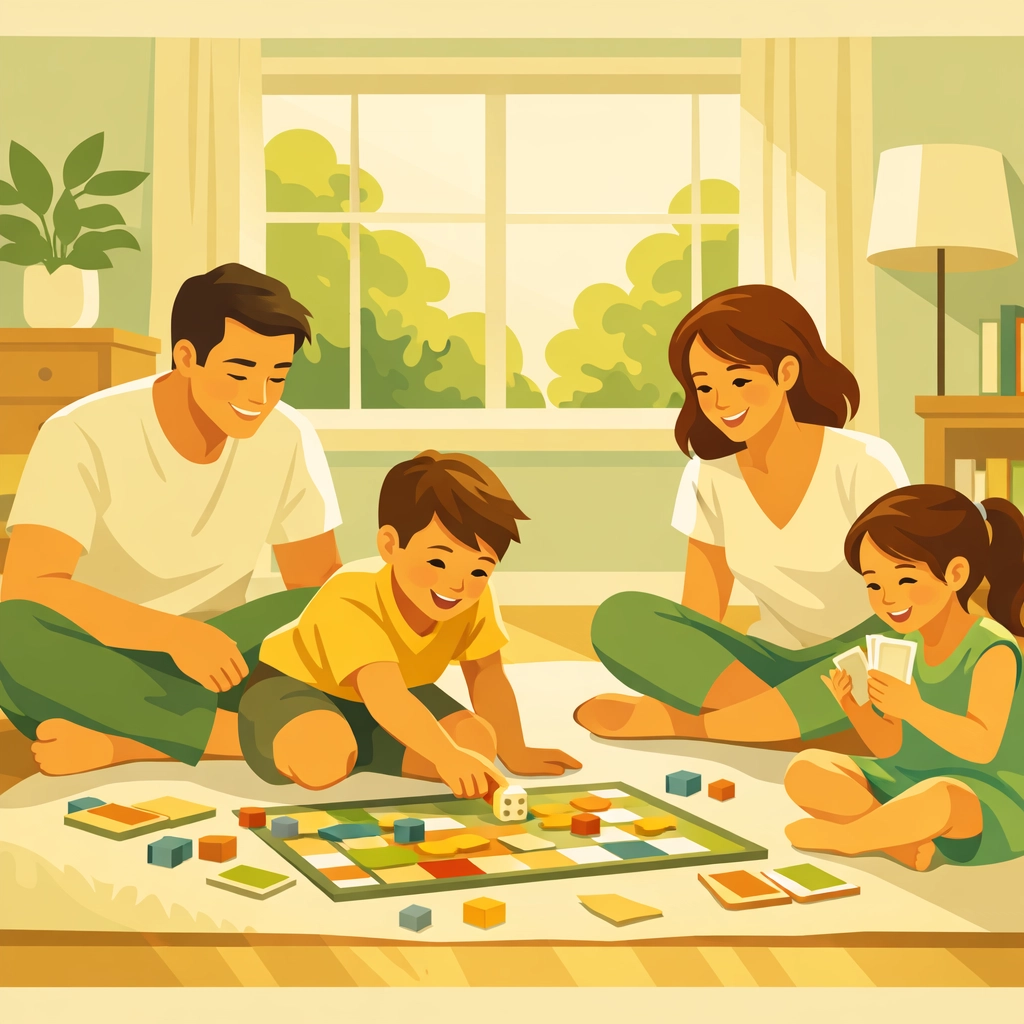 Family enjoying screen-free time playing board games together on Sunday afternoon