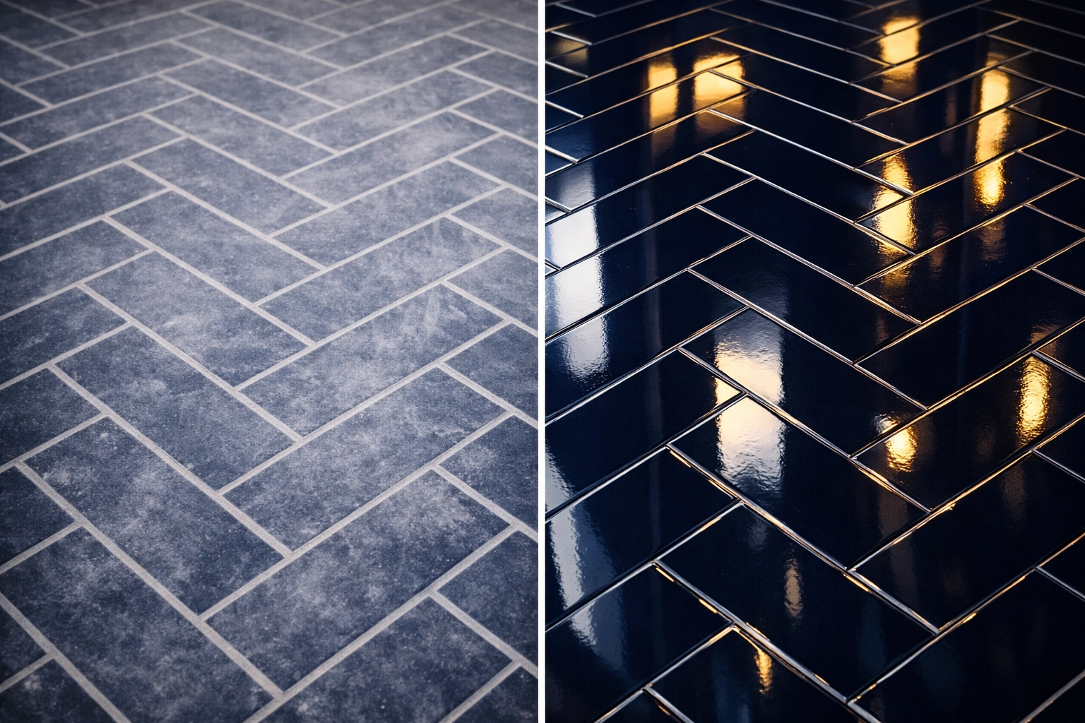 Split view of dusty versus clean navy tile floor after a professional post construction cleaning service.