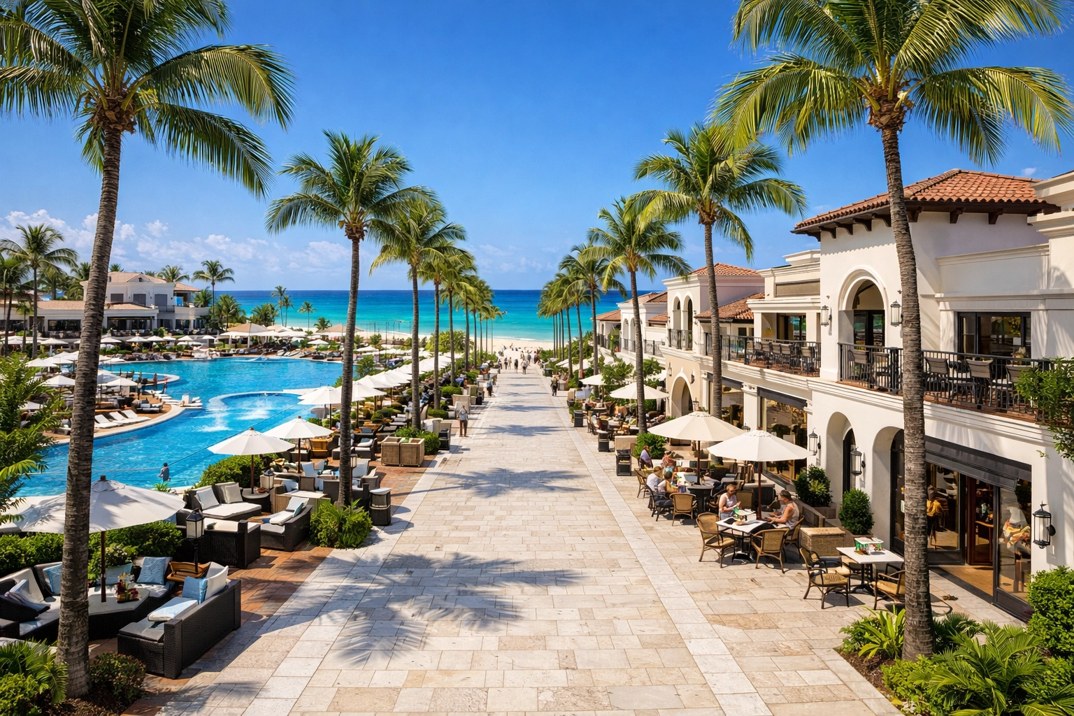 The grand Boulevard at Lopesan Costa Bávaro resort in Punta Cana featuring shops, pools, and beach views.