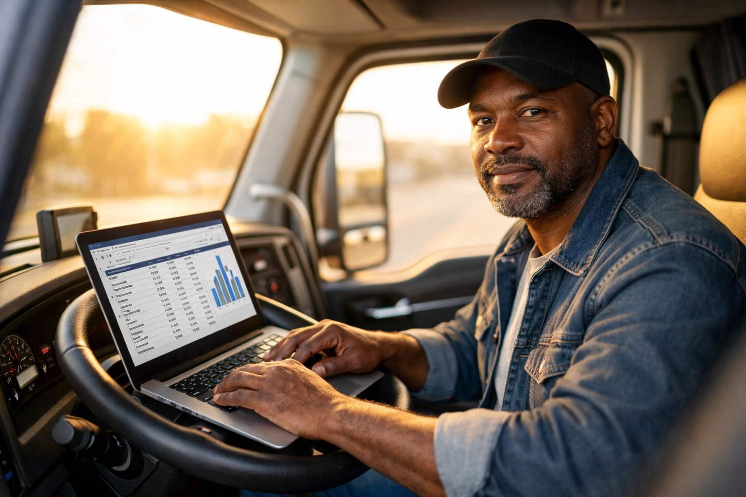 Owner-operator tracking weekly profit and loss on laptop spreadsheet in semi-truck cab