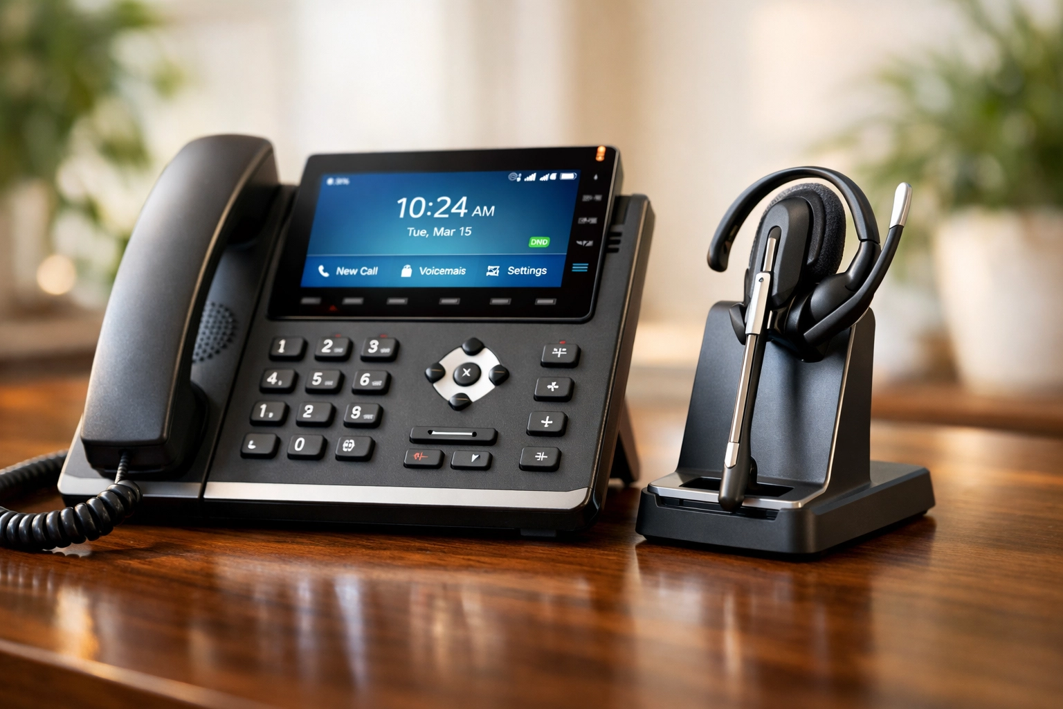 Professional VoIP desk phone and wireless headset for efficient business communication in Canada.