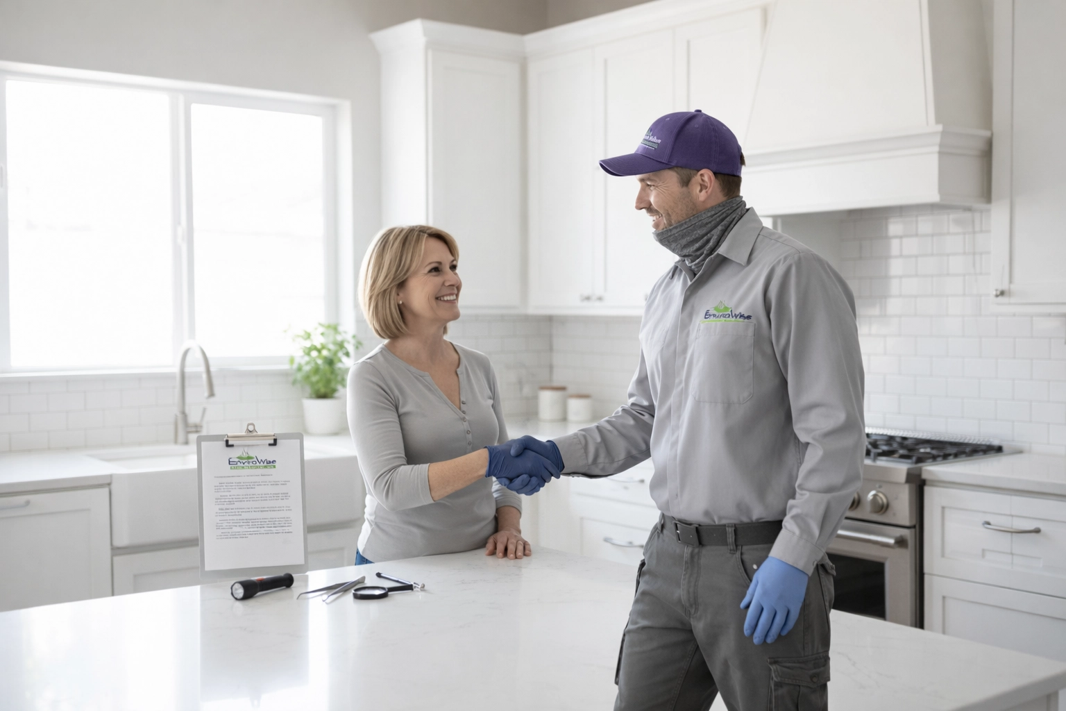 EnviroWise technician shaking hands with a satisfied homeowner