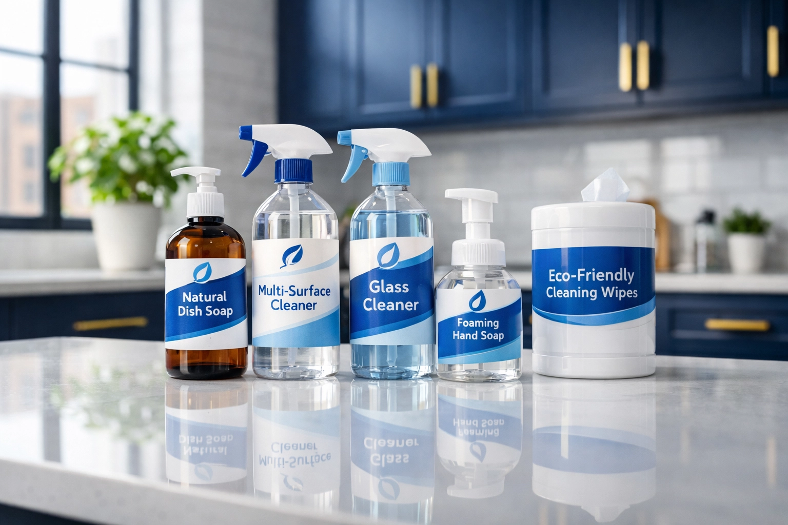 Eco-friendly house cleaning Worcester MA supplies on a modern kitchen counter in the Canal District.