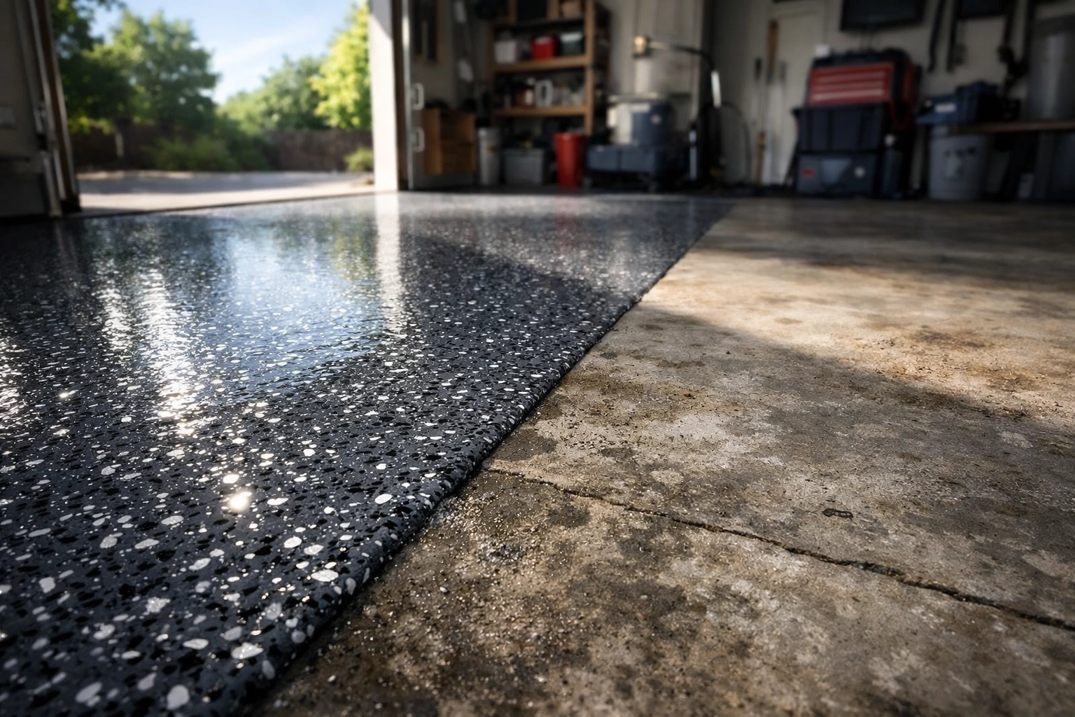 Before and after garage floor transformation with polyaspartic coating in Madison MS