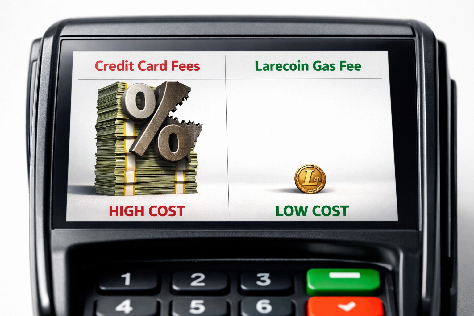 Payment processing fee comparison showing Larecoin gas fees vs credit card costs