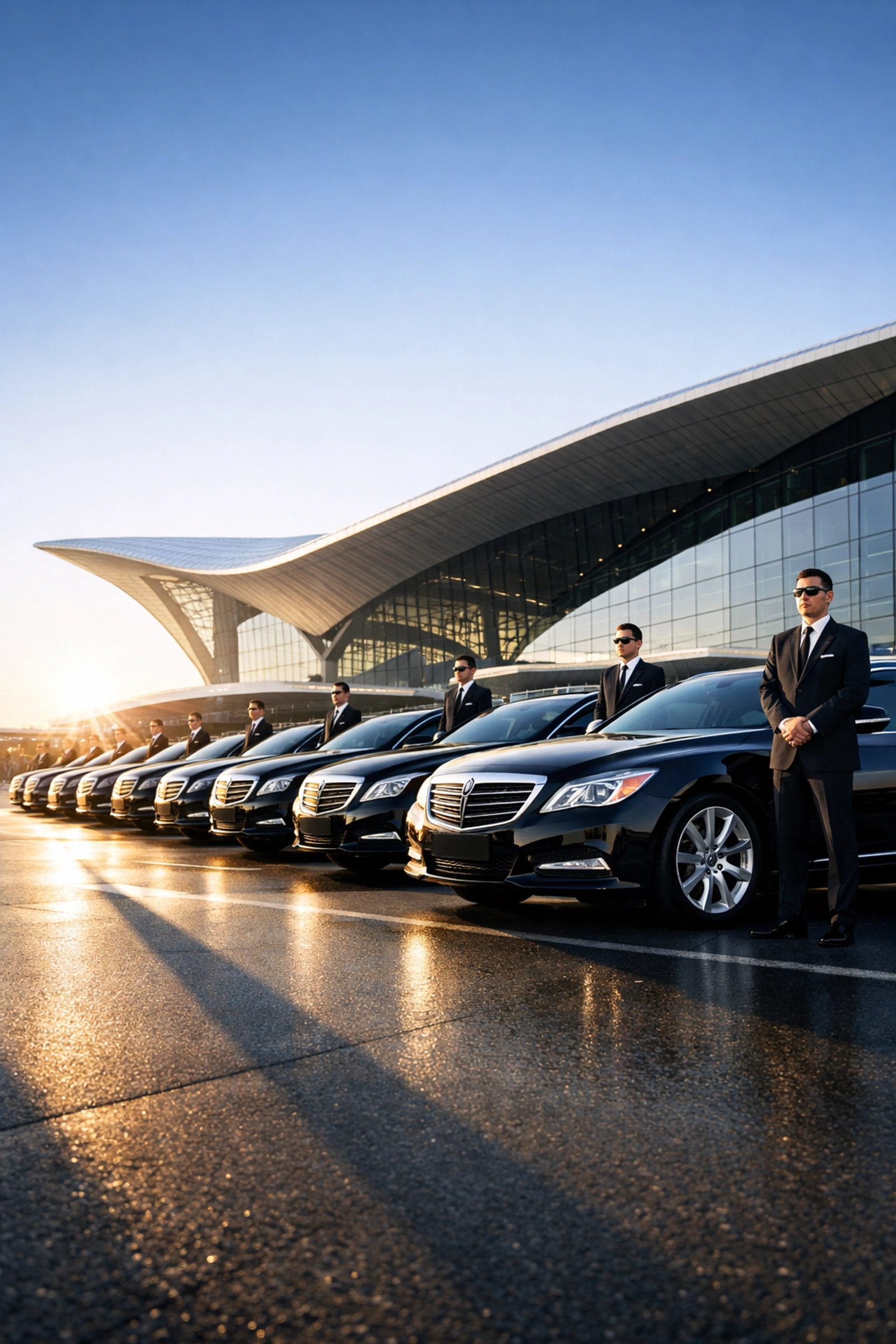 Fleet of luxury black executive sedans and chauffeurs providing professional travel logistics.