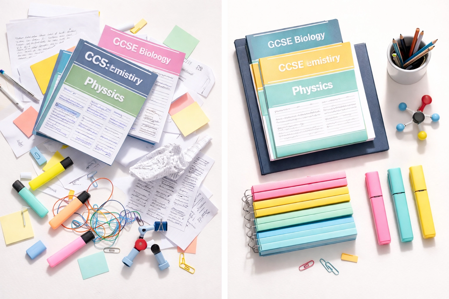 Flat lay showing messy and organized GCSE Science revision materials, representing reduced study overwhelm in Dulwich.