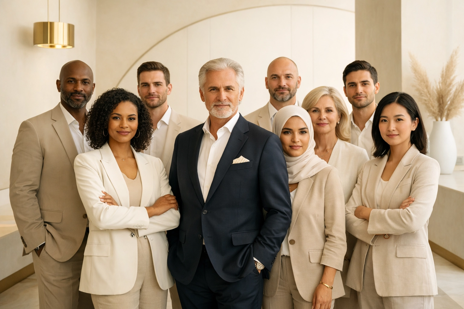 Diverse professional group standing together, representing Fail Forward’s resilient community and impact mission.