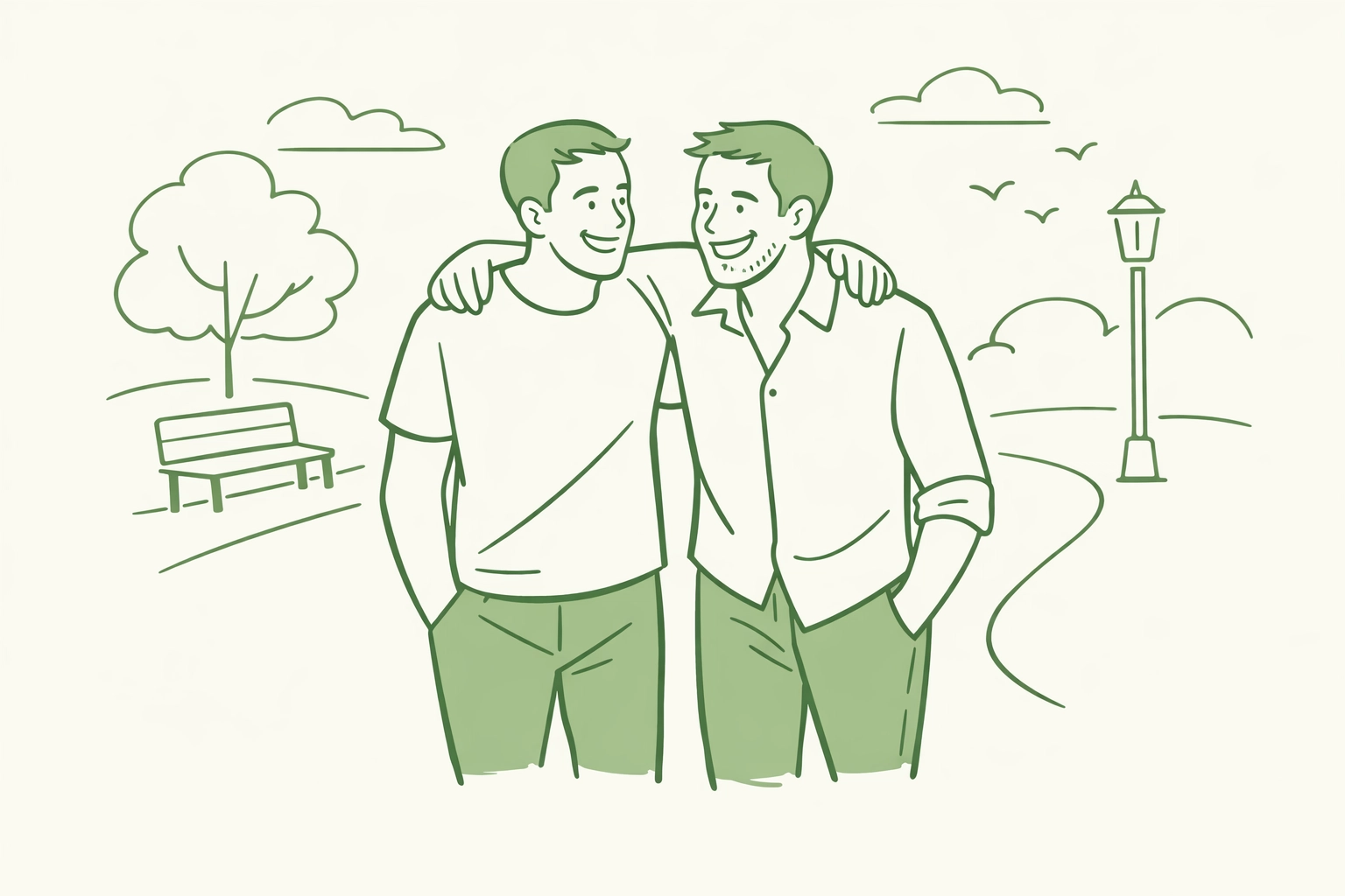 Two men walking together in a park, showing the supportive partnership and allyship in MM books.
