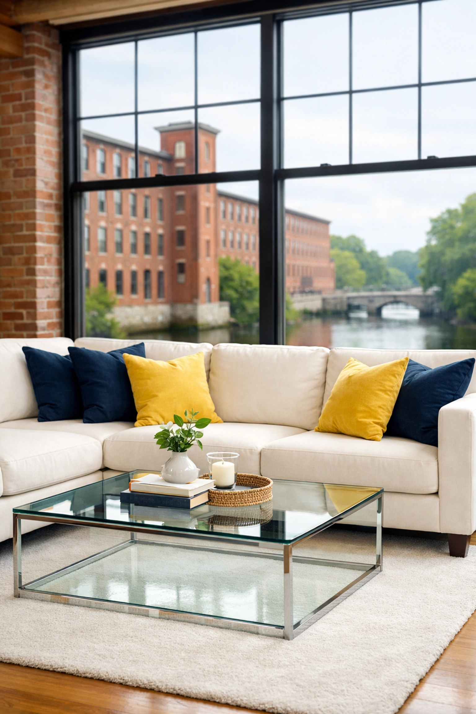 Serene living room in a historic canal-side loft following deep cleaning Lowell service.