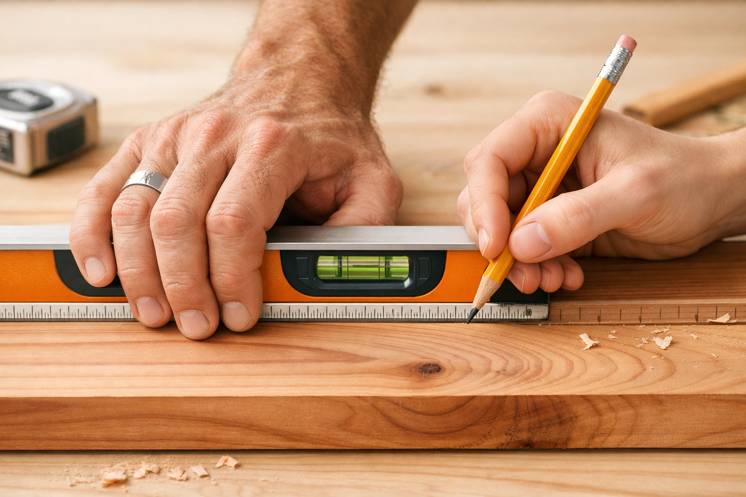 Two men's hands collaborating on a woodworking project, showing the domestic side of handyman gay romance books.