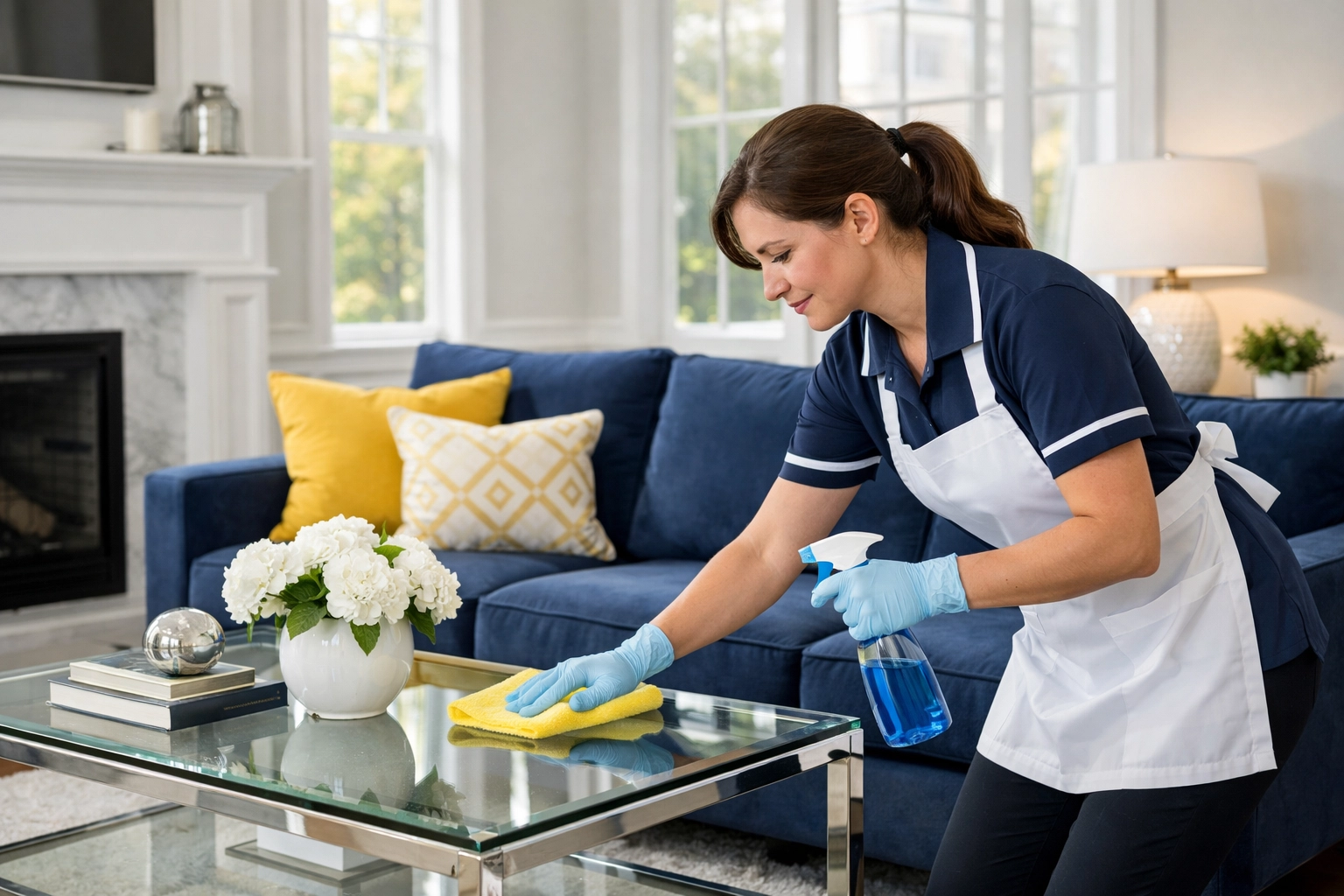 Professional cleaners in Leominster MA polishing a table in a bright, modern living room.