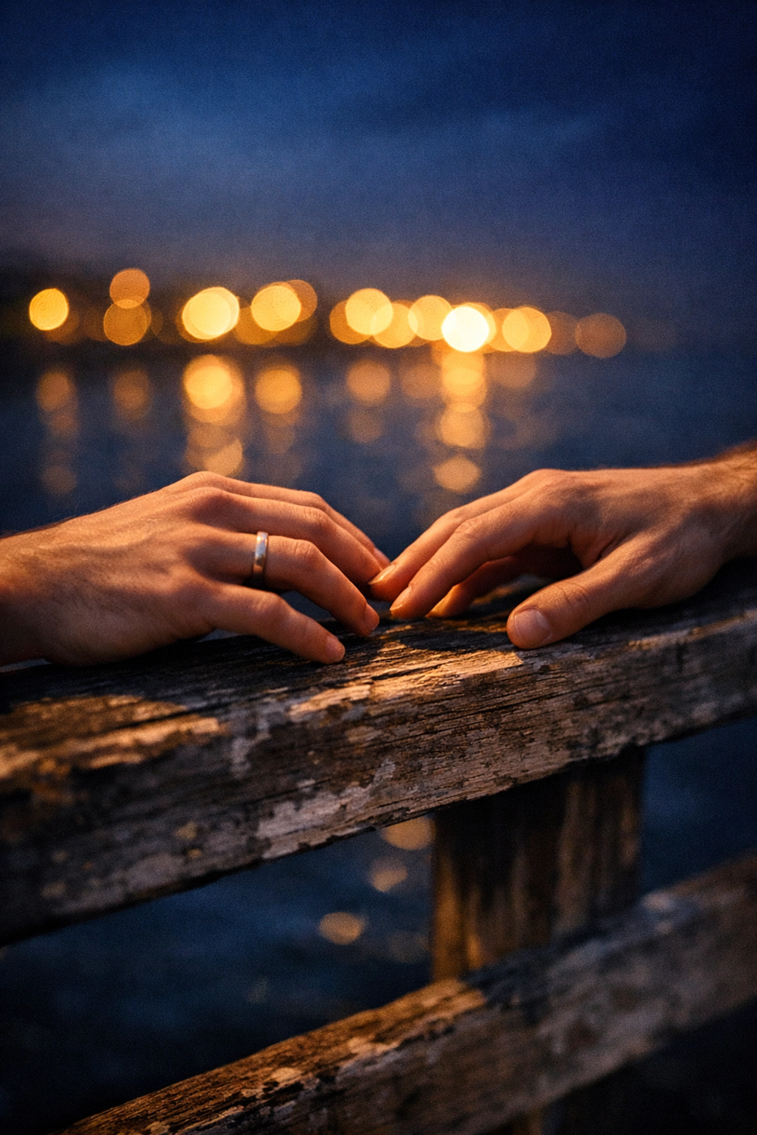 Two men's hands reaching toward each other on wooden pier railing at night
