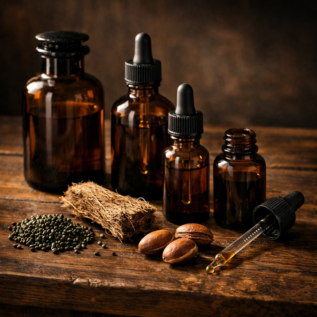 Natural beard oil ingredients like broccoli seed and hemp in apothecary bottles on a wooden table.