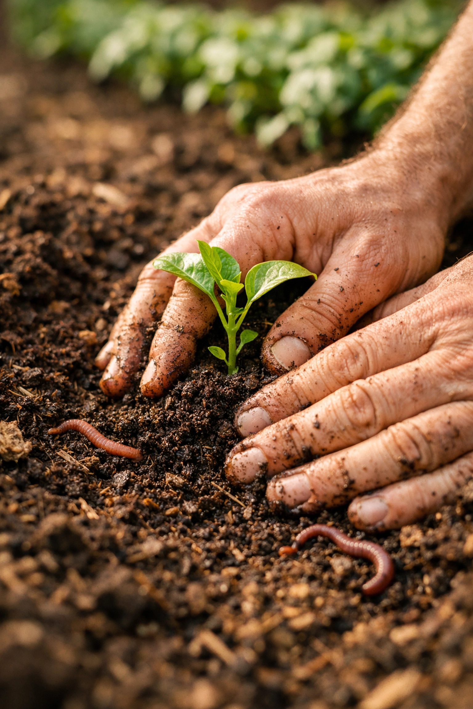 Hands planting in rich in-ground garden soil with healthy native earth and organic matter