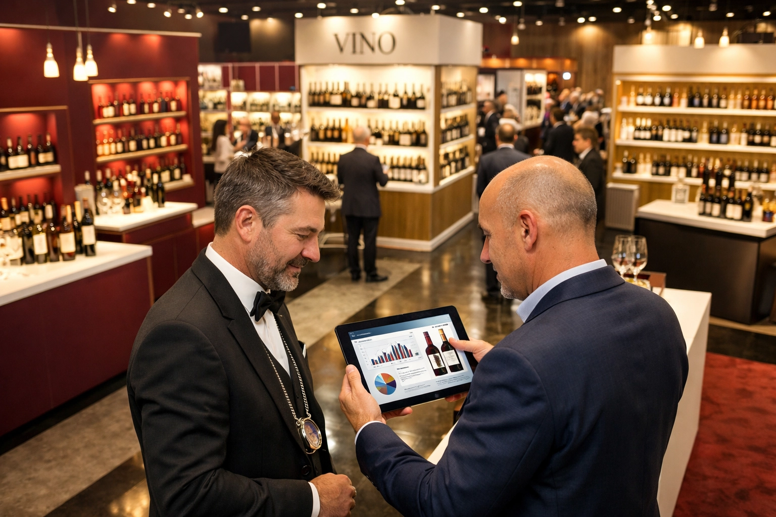 B2B wine buyers using digital tools at ProWein trade fair exhibition floor