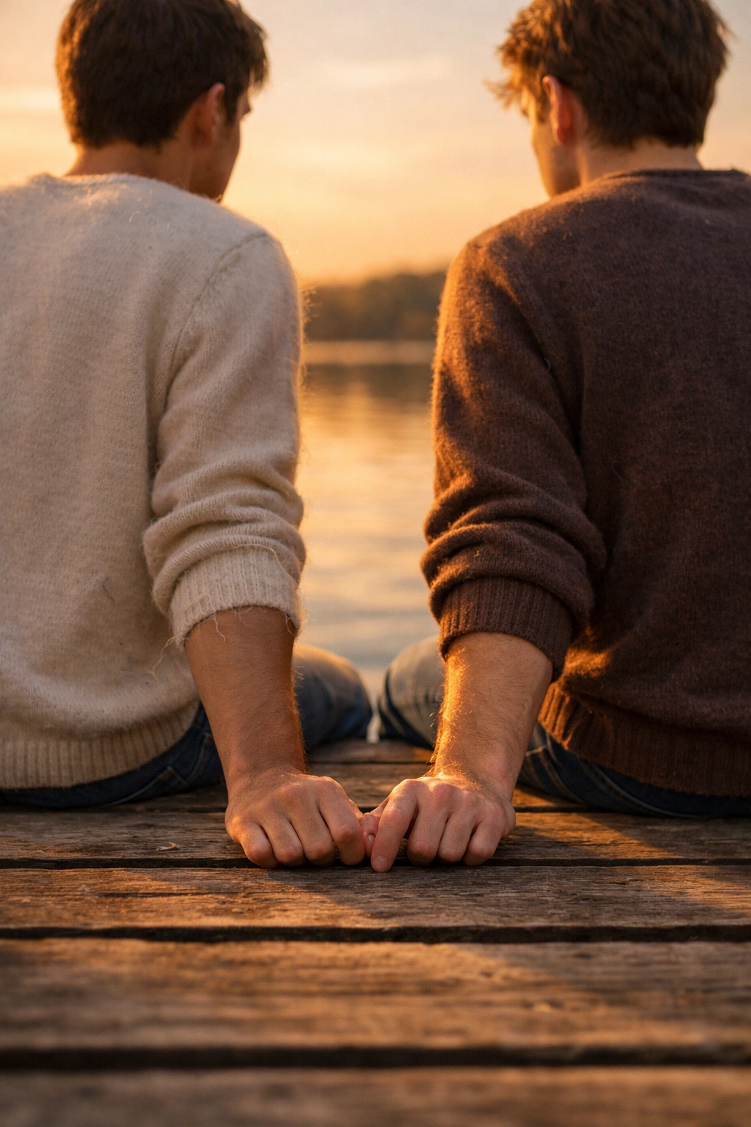 Two men sitting on a pier at sunset with pinky fingers touching, illustrating a friends to lovers mm romance.