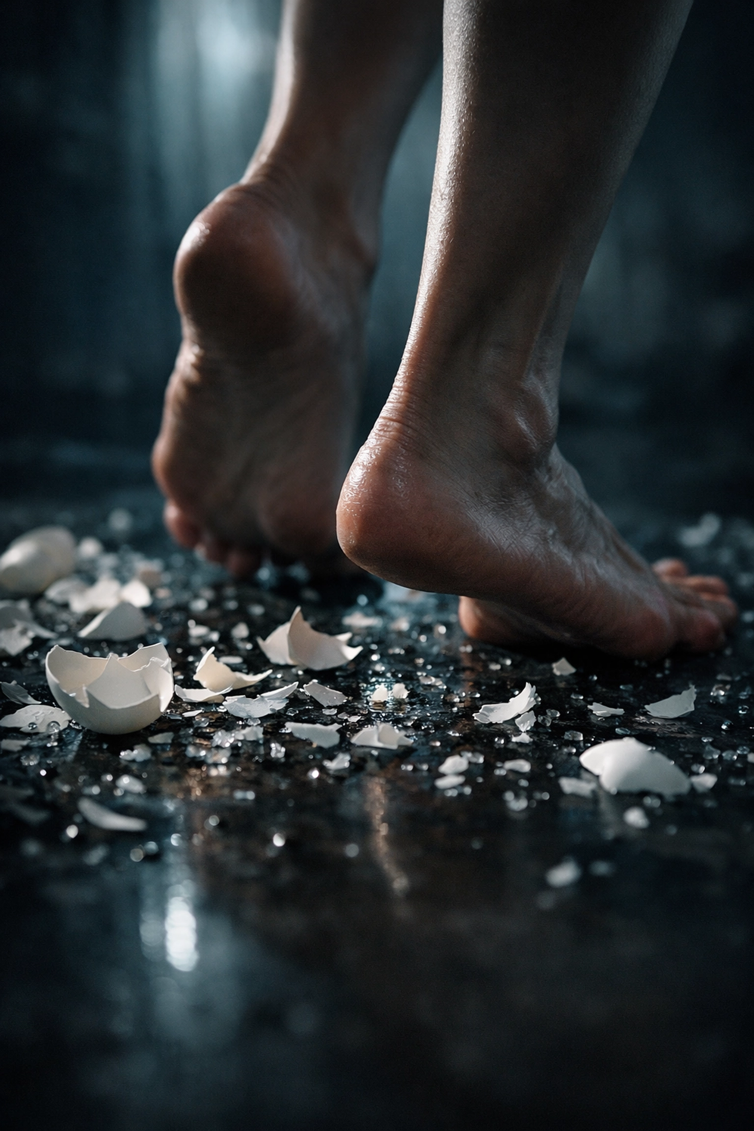 Bare feet walking on eggshells, representing the constant anxiety and signs of a toxic partner.