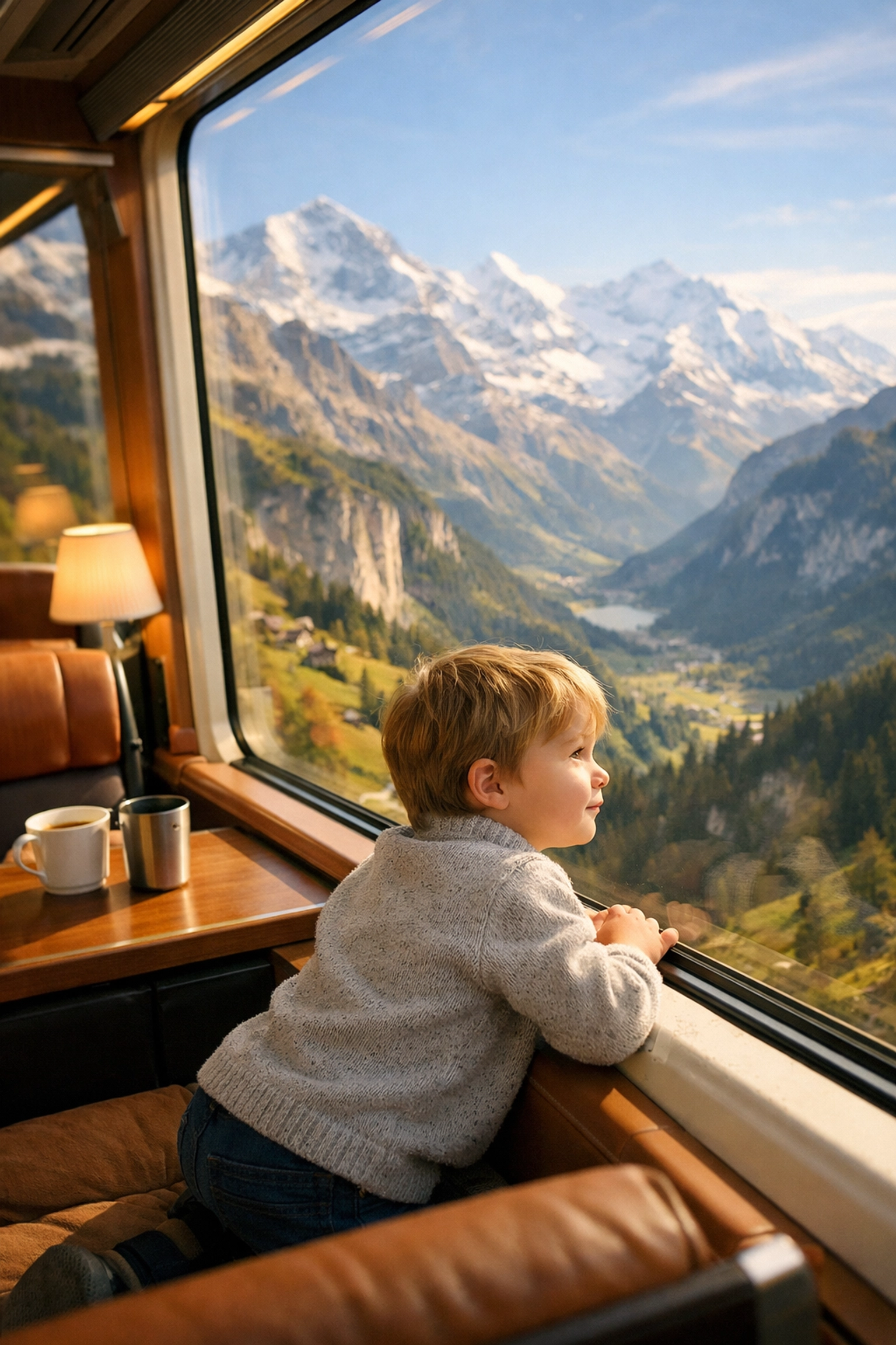 Top 10 Funnest Family Travel Activities (That Parents Actually Love Too) 2 A young child viewing the Swiss Alps from a scenic train, illustrating relaxing family vacation ideas.