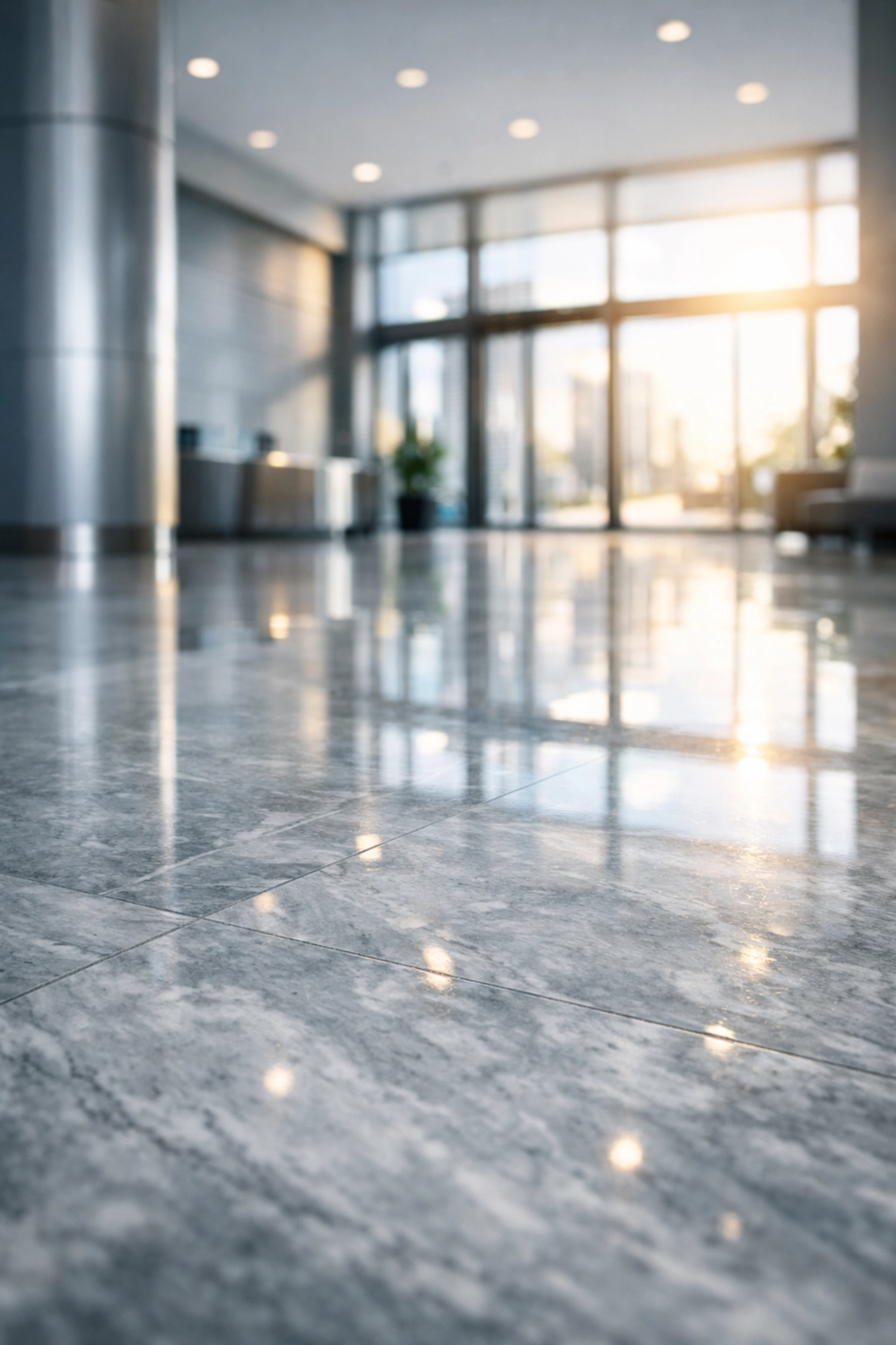 Pristine polished marble lobby floor showcasing professional Midwest property maintenance and floor care.
