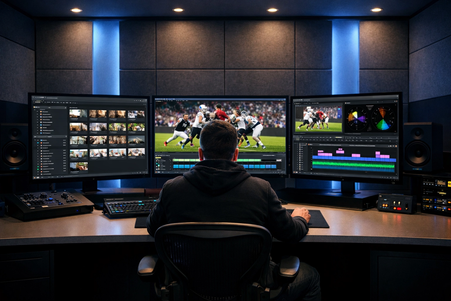 Professional video editor managing media assets in a high-end production suite for a scaled video strategy.