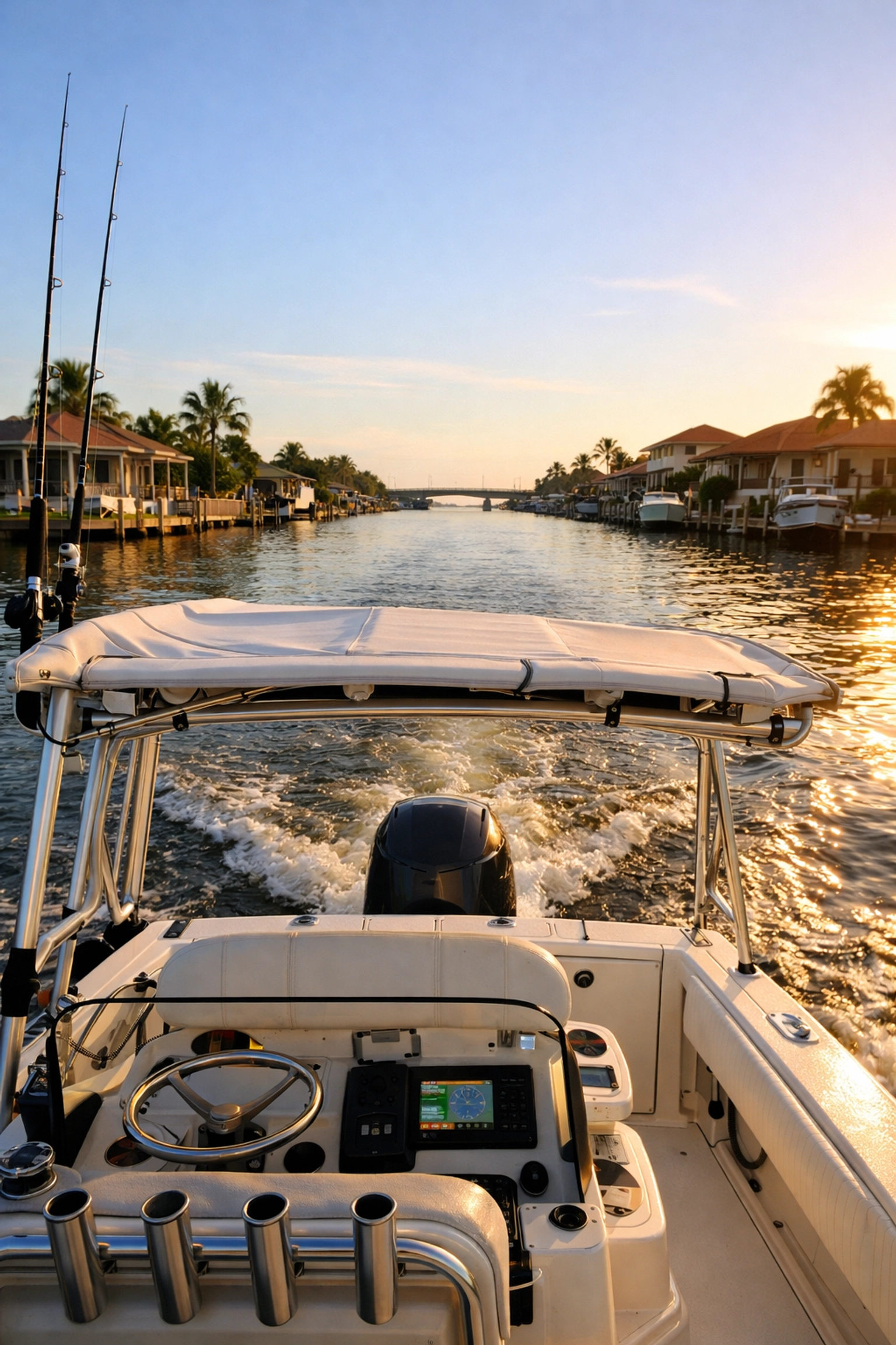 Center console boat cruising Cape Coral canal at no-wake speed toward bridge