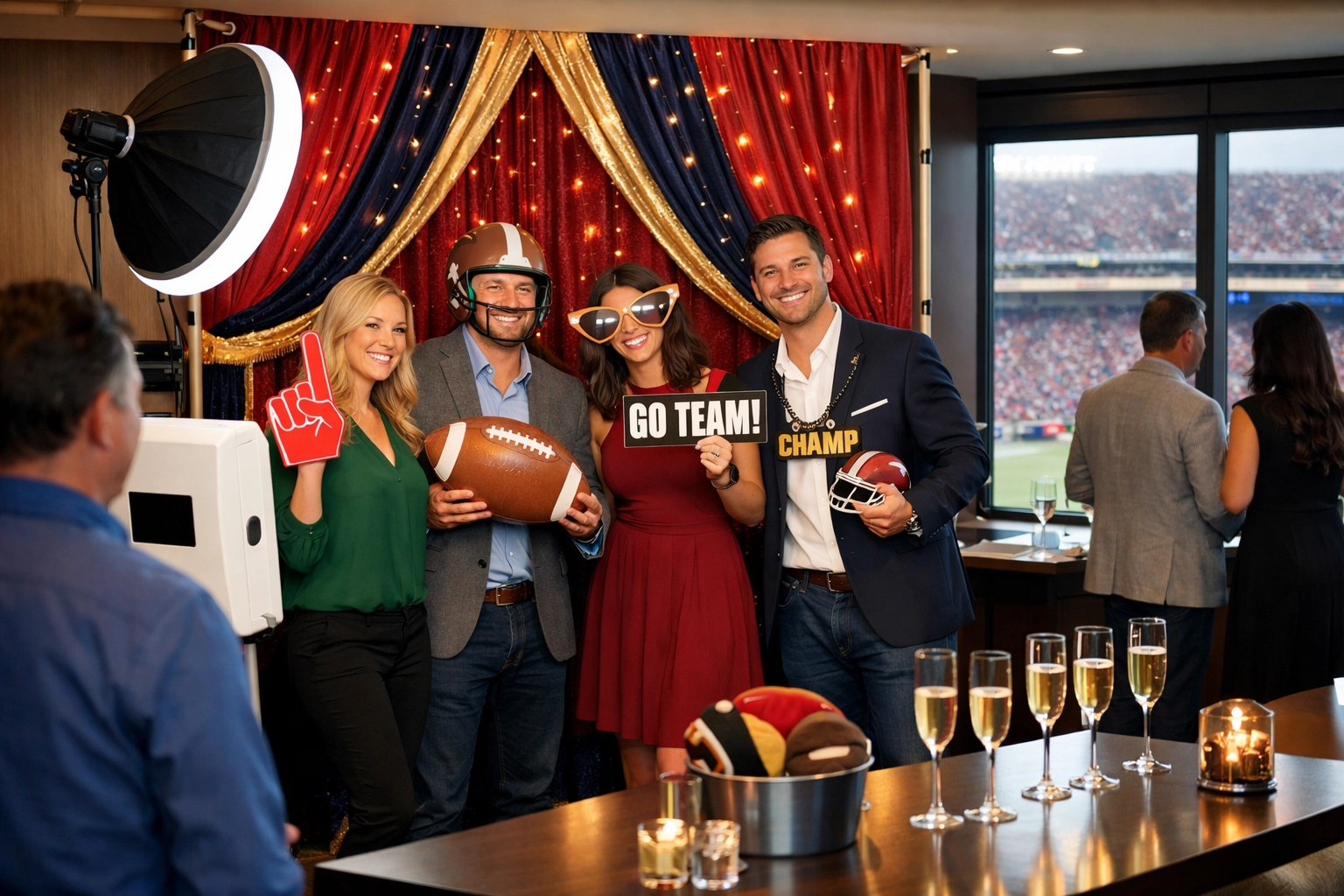 Corporate photo booth activation in executive suite during Super Bowl game day experience