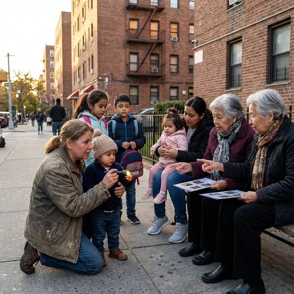 Image of a woman and three kids speaking to two elderly women and another lady with a toddler. They are outside an apartment building on the sidewalk.